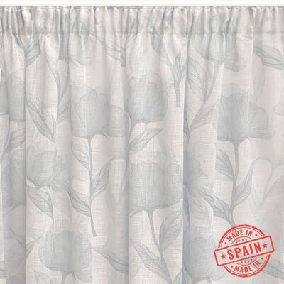 Translucent curtain, digitally printed sheer curtain made of multifunction tape (gathering tape or grommets), combines floral design and aqua and blue colors. Curtains for living room, bedroom and kitchen.