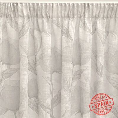 Translucent curtain, digitally printed curtain made of multifunction tape (gathering tape or grommets), combines floral design and gray colors. Curtains for living room, bedroom and kitchen.