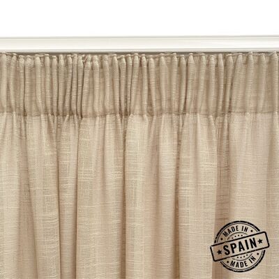Translucent curtain made of multifunction tape (gathering tape or cable tie). Quality curtains made with recycled materials. Linen color. Curtains for living room, bedroom and kitchen.