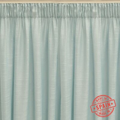 Translucent curtain made of multifunction tape (gathering tape or cable tie). Quality curtains made with recycled materials. Turquoise blue color. Curtains for living room, bedroom and kitchen.