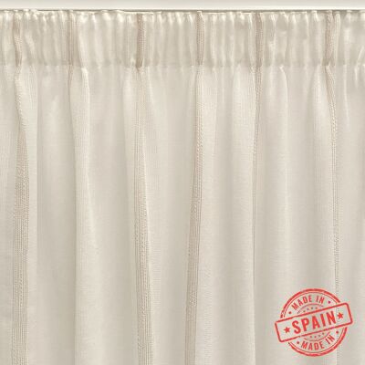 Beige translucent curtain made of multifunction tape (gathering tape or cable ties). Jacquard curtain with vertical stripes made with recycled and quality materials. Natural and warm colors. Curtains for living room, bedroom and c