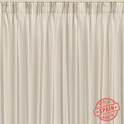 Translucent gray curtain made of multifunction tape (gathering tape or rod holder). Jacquard curtain with vertical stripes made with recycled and quality materials. Natural and warm colors. Curtains for living room, bedroom and kitchen
