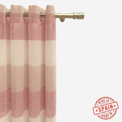 Translucent curtain made in eyelets. Quality curtains made with recycled materials. Coral and beige colors. Curtains for living room, bedroom and kitchen.