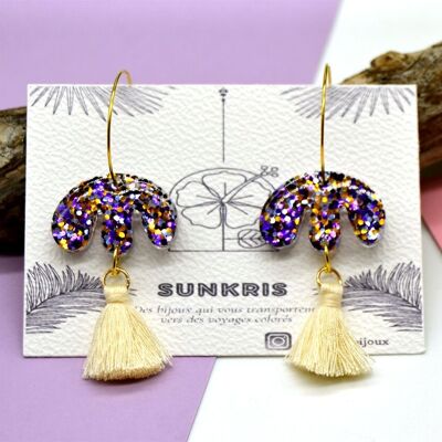 Purple and gold resin flower earrings with glitter