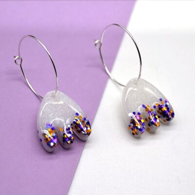 Tulip Earrings in Iridescent White Resin with Mauve, Blue and Gold Glitter