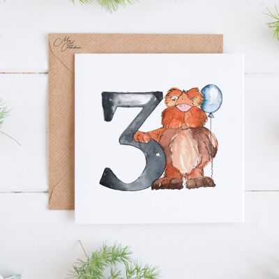 Tarjeta de cumpleaños infantil con diseño de oso - Tarjeta de tres años