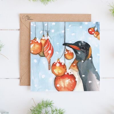 Tarjeta navideña festiva con diseño de pingüino