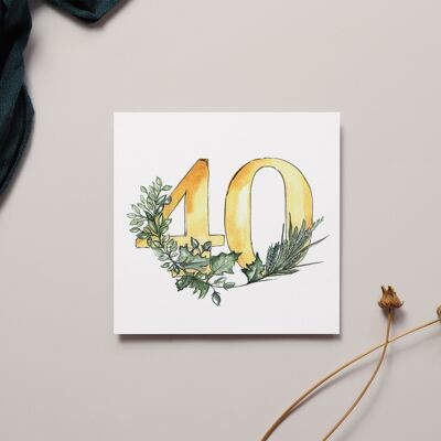 Tarjeta de cumpleaños número 40 de acuarela floral