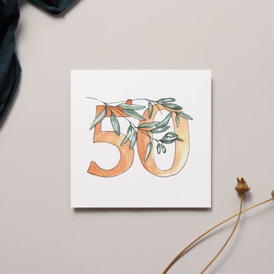 Tarjeta de cumpleaños número 50 con acuarela floral