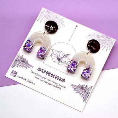 Rainbow Resin Earrings in White, Mauve with Sparkling Sequins