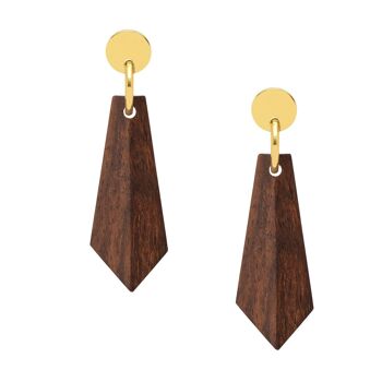 Boucles d'oreilles pendantes angulaires en bois marron et plaqué or 1