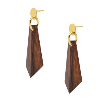 Boucles d'oreilles pendantes angulaires en bois marron et plaqué or 2