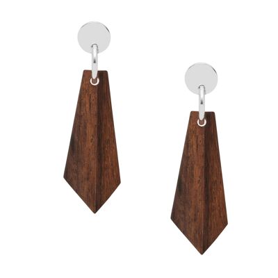 Brown wood and silver angular drop earrings