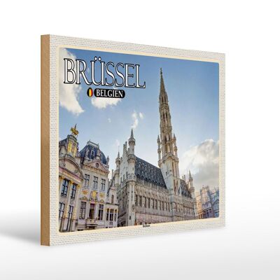 Cartello in legno da viaggio 40x30 cm Bruxelles Belgio municipio nuvole