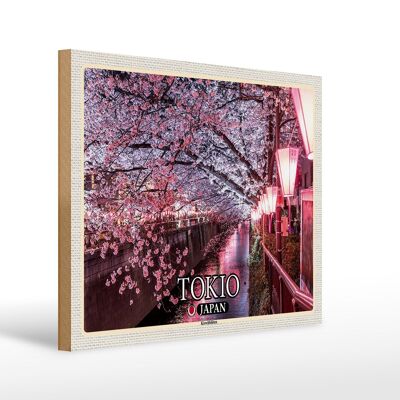 Cartel de madera viaje 40x30cm Tokio Japón cerezos en flor río