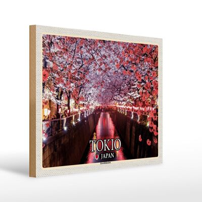 Cartel de madera viaje 40x30cm Tokio Japón festival de los cerezos en flor árboles río