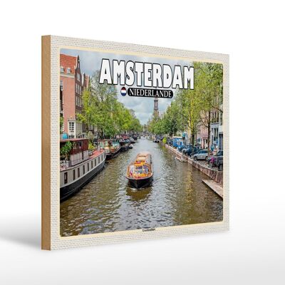Panneau en bois voyage 40x30cm Amsterdam Pays-Bas canal croisière rivière