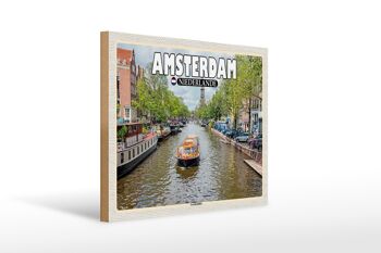 Panneau en bois voyage 40x30cm Amsterdam Pays-Bas canal croisière rivière 1