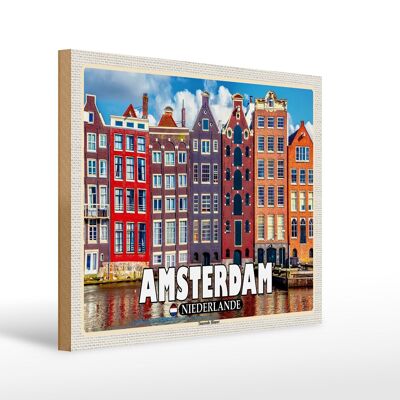 Cartello in legno da viaggio 40x30 cm Amsterdam Paesi Bassi Case danzanti