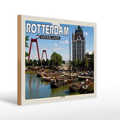 Cartel de madera viaje 40x30cm Rotterdam Países Bajos Old Harbour Boats