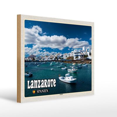 Panneau en bois voyage 40x30cm Lanzarote Espagne Arrecife ville mer