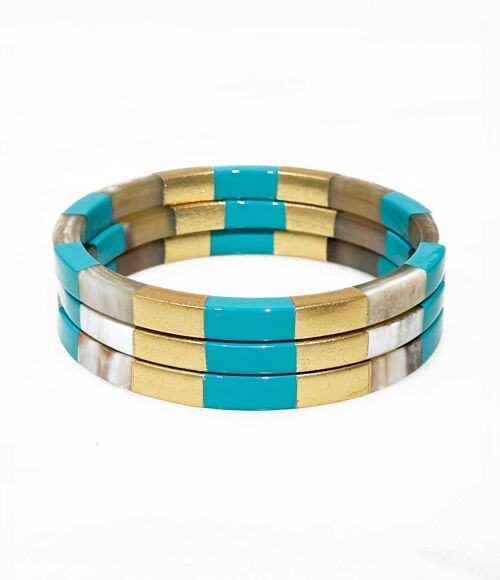 Bracelet carré en corne véritable - Turquoise et feuilles d'or