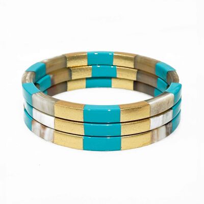 Square bracelet in real horn - Turquoise and gold leaves