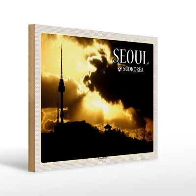 Cartel de madera viaje 40x30cm Seúl Corea del Sur N Torre de Televisión de Seúl