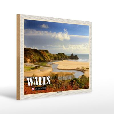 Holzschild Reise 40x30cm WalesThree Cliffs Bay Bucht