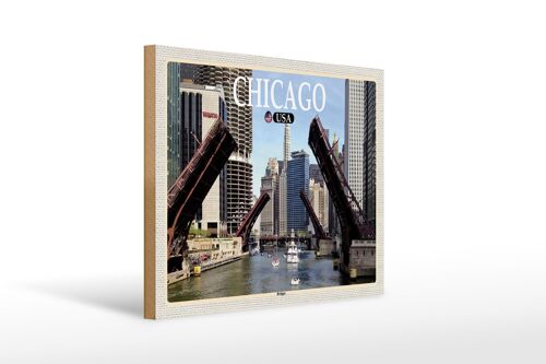 Holzschild Reise 40x30cm Chicago USA Bridges Brücken Fluss