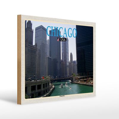 Holzschild Reise 40x30cm Chicago USA Chicago River Fluss Hochhäuser