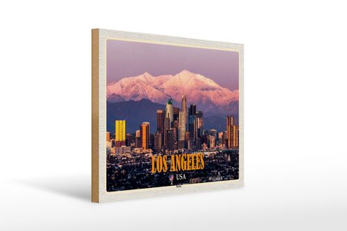 Holzschild Reise 40x30cm Los Angeles Skyline Berge Wolkenkratzer