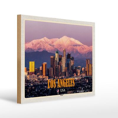 Holzschild Reise 40x30cm Los Angeles Skyline Berge Wolkenkratzer