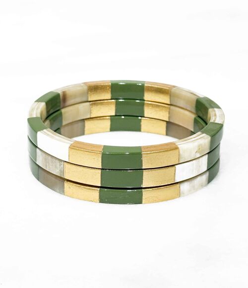 Bracelet carré en corne véritable - Kaki et feuilles d'or
