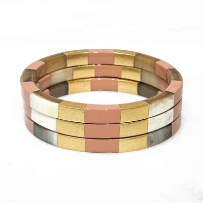 Square bracelet in real horn - Rosé Beige and gold leaves