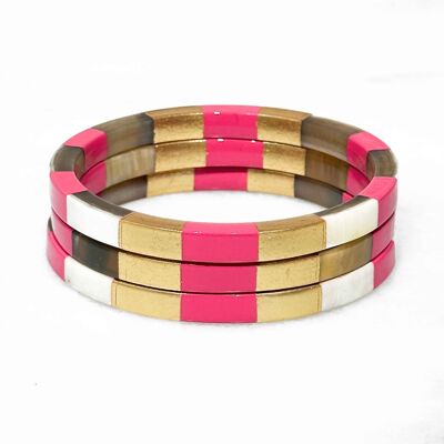 Square bracelet in real horn - Fuchsia pink and gold leaves