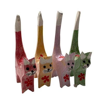 Hand-Made Wooden Cats, Set of 4, Assorted Colours, 10x4x1.5cm