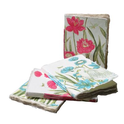 Mini cuaderno de papel pergamino, estampado de garzas en hierba alta, flores de loto, rosa y turquesa, verano