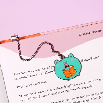 Frog reading enamel bookmark with chain