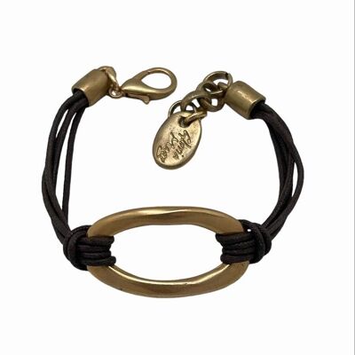 Bracciale a maglia centrale in oro e cordino marrone