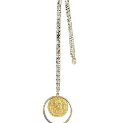 Lange Halskette mit Ring und Mix-Münze an einer Silberkette