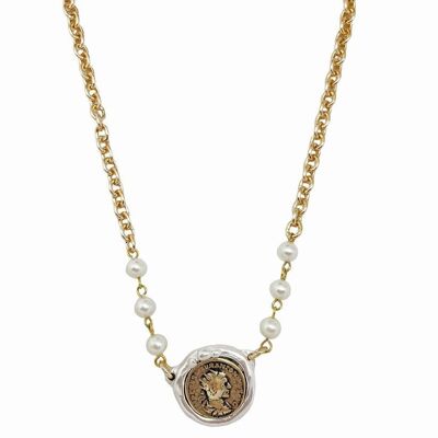 Collana di perle e catena con moneta centrale mix argento in oro