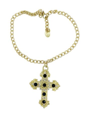 Collier croix avec cristaux sw en noir et cristal sur or 1