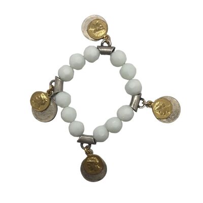 Bracciale elastico cristallo sfaccettato bianco e monete mix tipo argento antico/oro