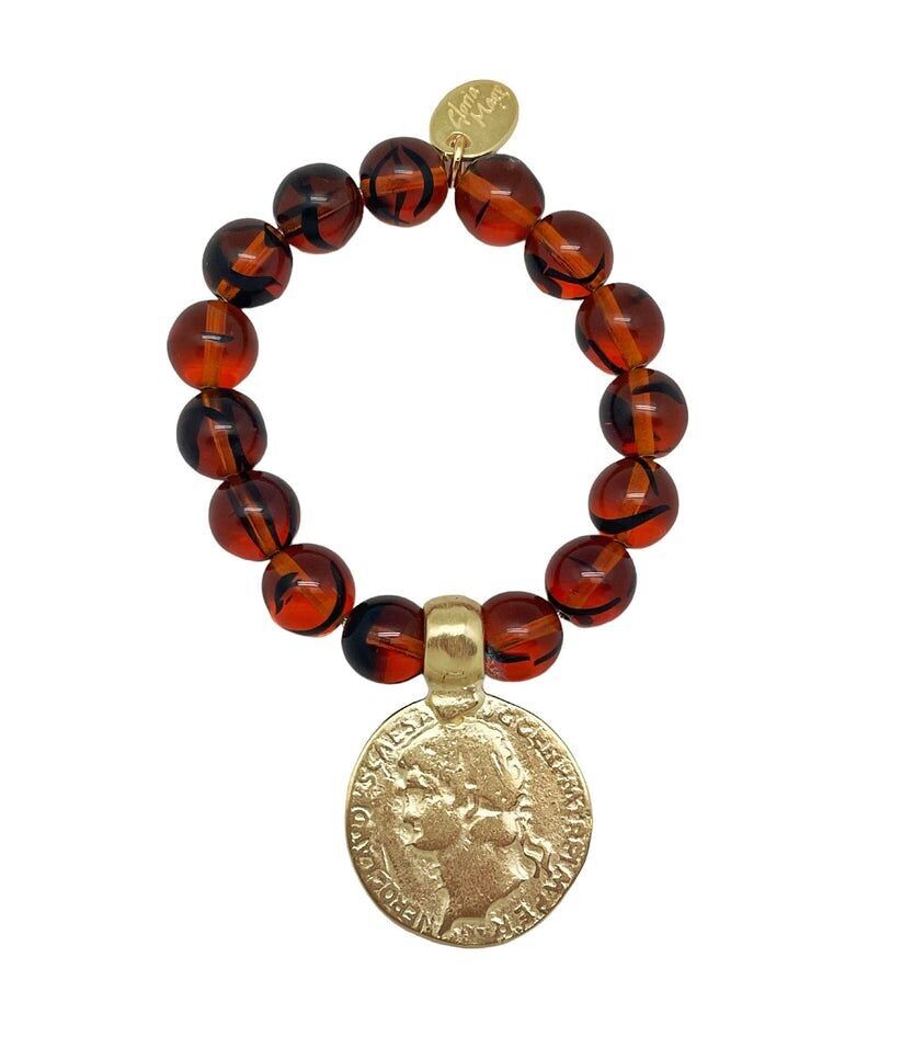 Bracciale elastico in cristallo nero e medaglia in oro antico