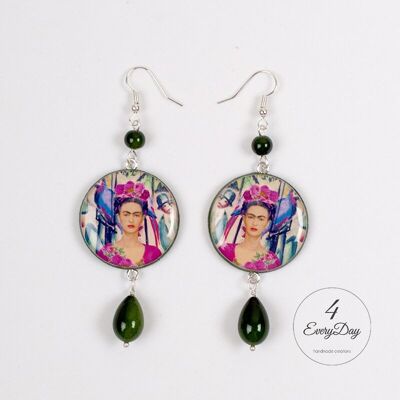 Frida Kahlo and Blue parrots wooden earrings by August Macke