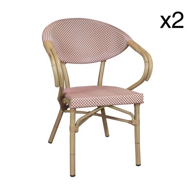 Lot de 2 fauteuils de table en textilène rouge structure en aluminium aspect rotin Amalfi