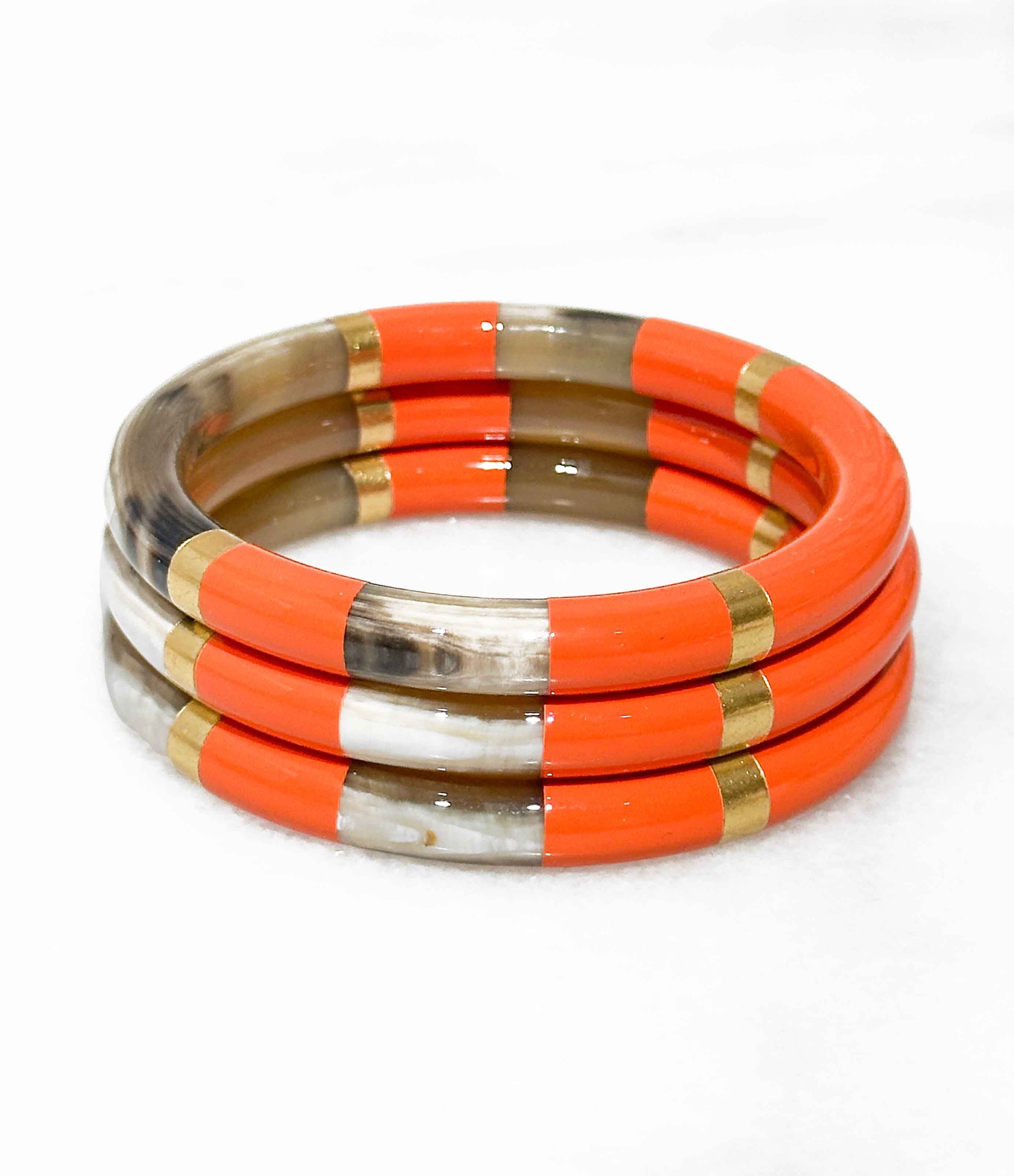 Bracciale rigido in vero corno spesso - Arancione - Foglie d'oro