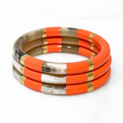 Thick real horn bangle - Orange - Gold leaves