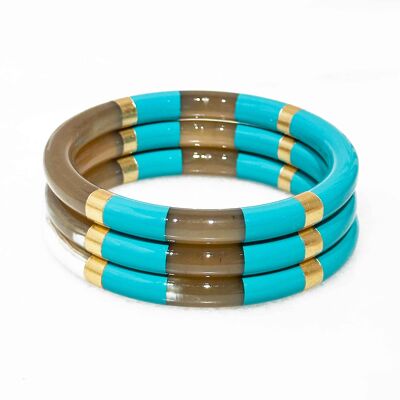Thick real horn bangle - Turquoise - Gold leaves